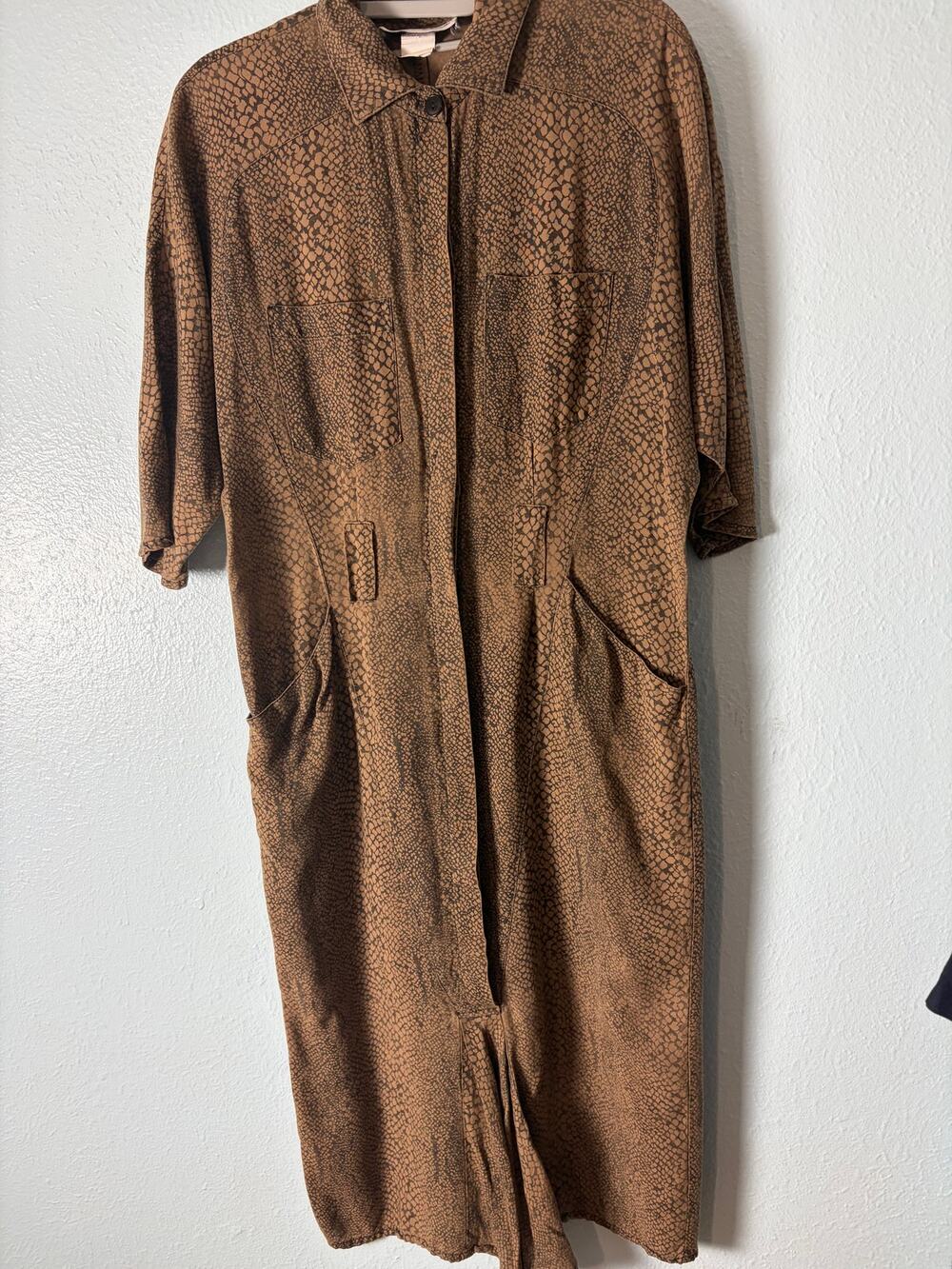 Vintage Snake Print Utility Shirt Dress Brown Tan Oversized Pocket Midi Dress